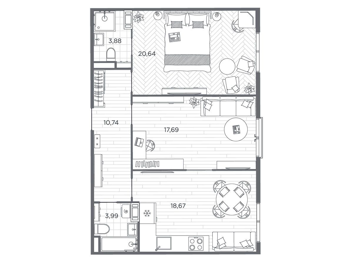 Планировка: 2-комн. квартира 75.10 м² в новостройке Бакунина 33
