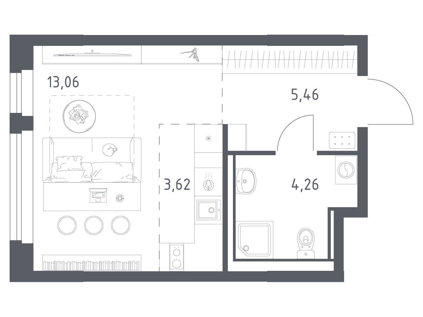 Планировка: Студия 26.40 м² в новостройке Новое Колпино