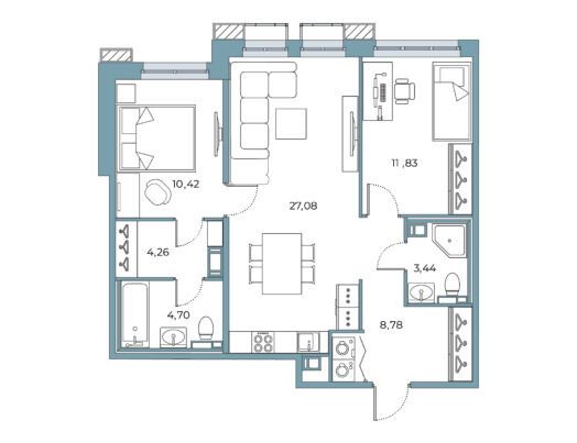 Планировка: 2-комн. квартира 71.88 м² в новостройке Взлетная 16