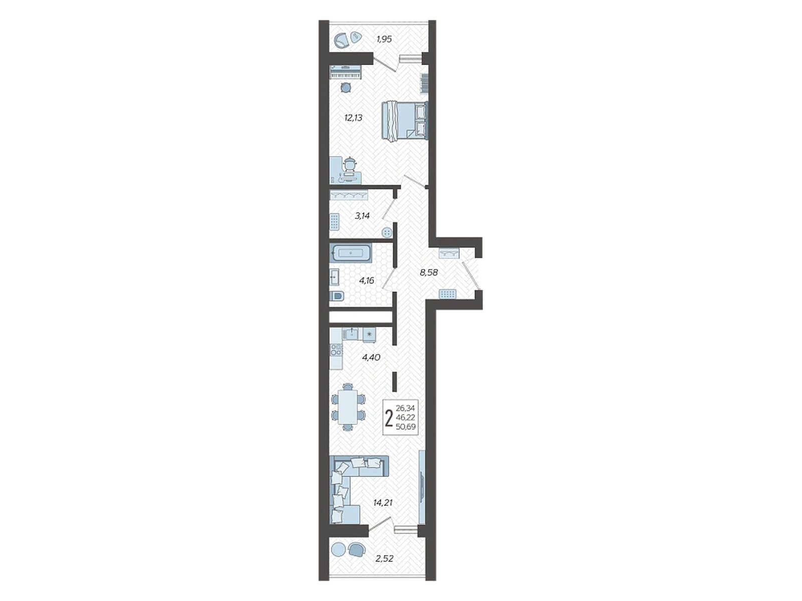 Планировка: 2-комн. квартира 50.69 м² в новостройке Кислород