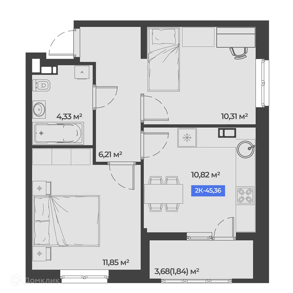 Планировка: 2-комн. квартира 45.36 м² в новостройке Соловей
