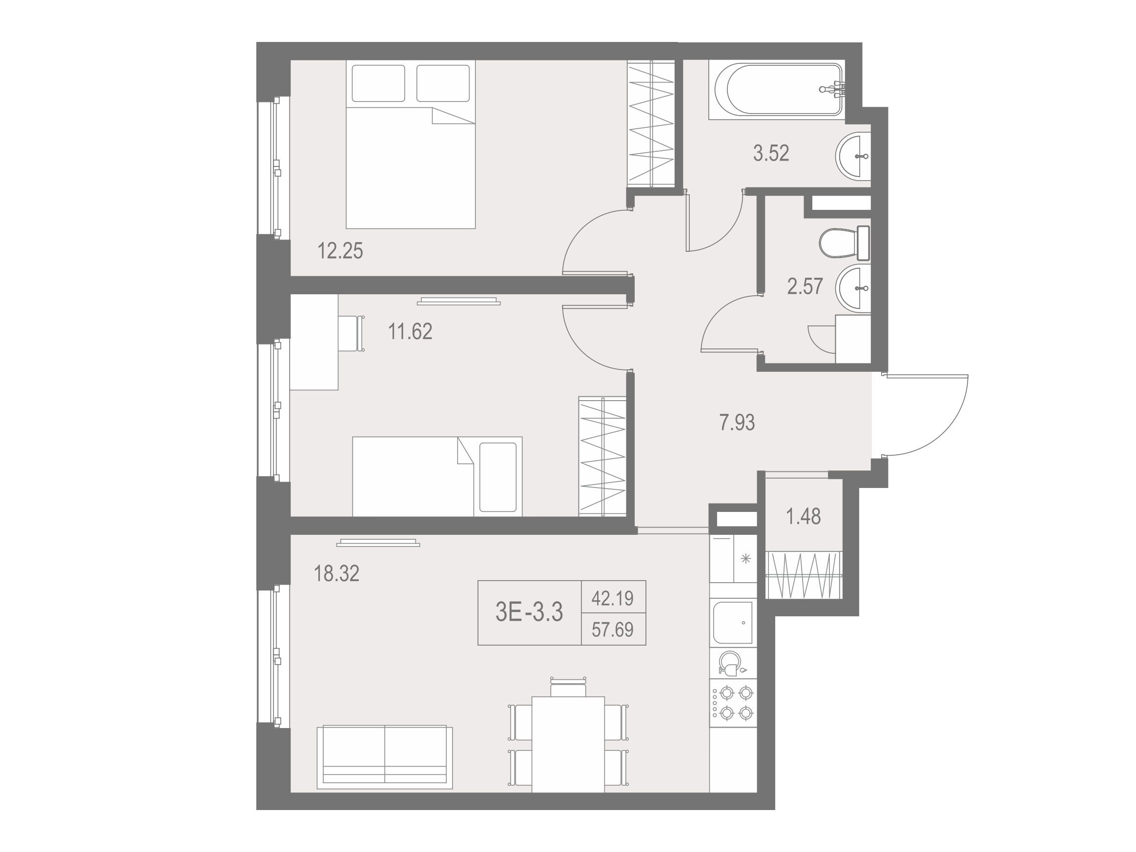Планировка: 2-комн. квартира 57.69 м² в новостройке Зум на Неве