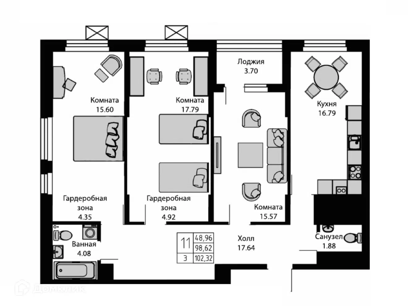 Планировка: 3-комн. квартира 102.32 м² в новостройке Ривьера