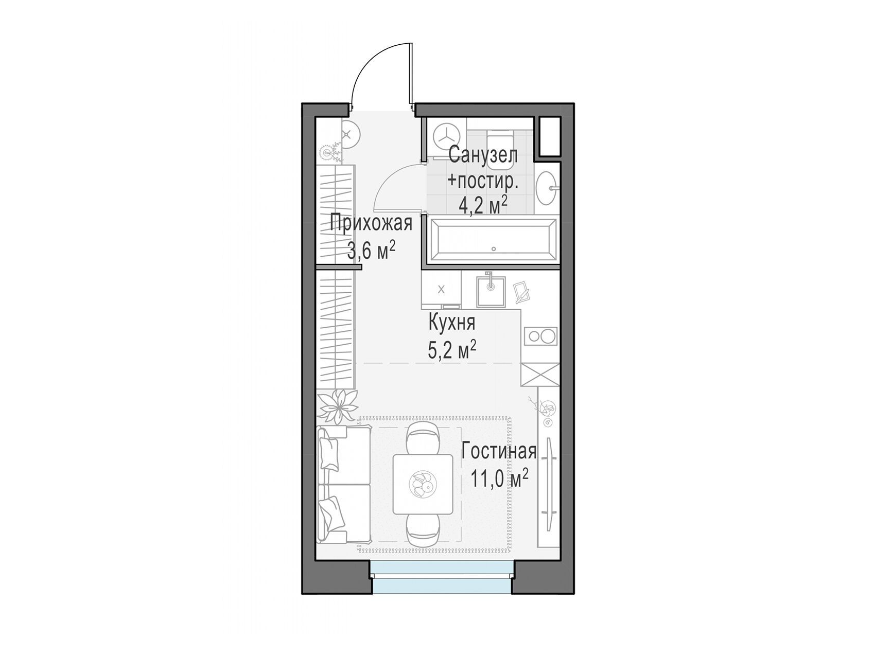 Планировка: Студия 24.00 м² в новостройке Белый Град
