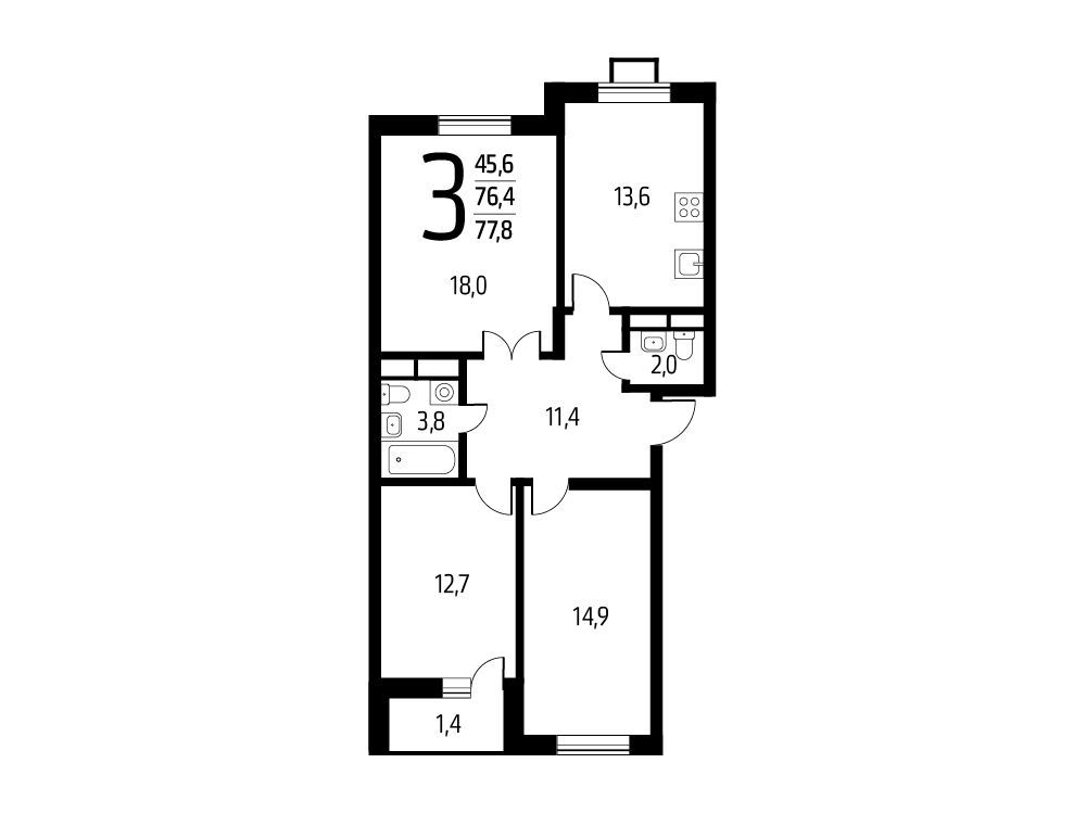 Планировка: 3-комн. квартира 77.80 м² в новостройке Новые Ватутинки