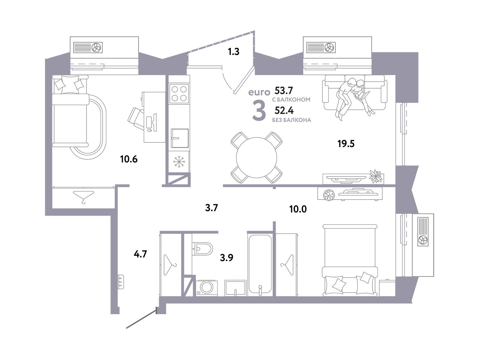 Планировка: 3-комн. квартира 53.70 м² в новостройке Страна. Заречная