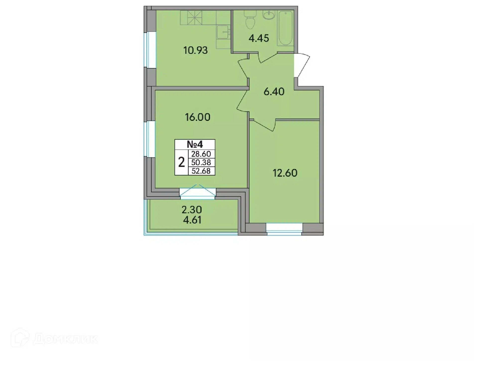 Планировка: 2-комн. квартира 52.40 м² в новостройке Рождественский квартал