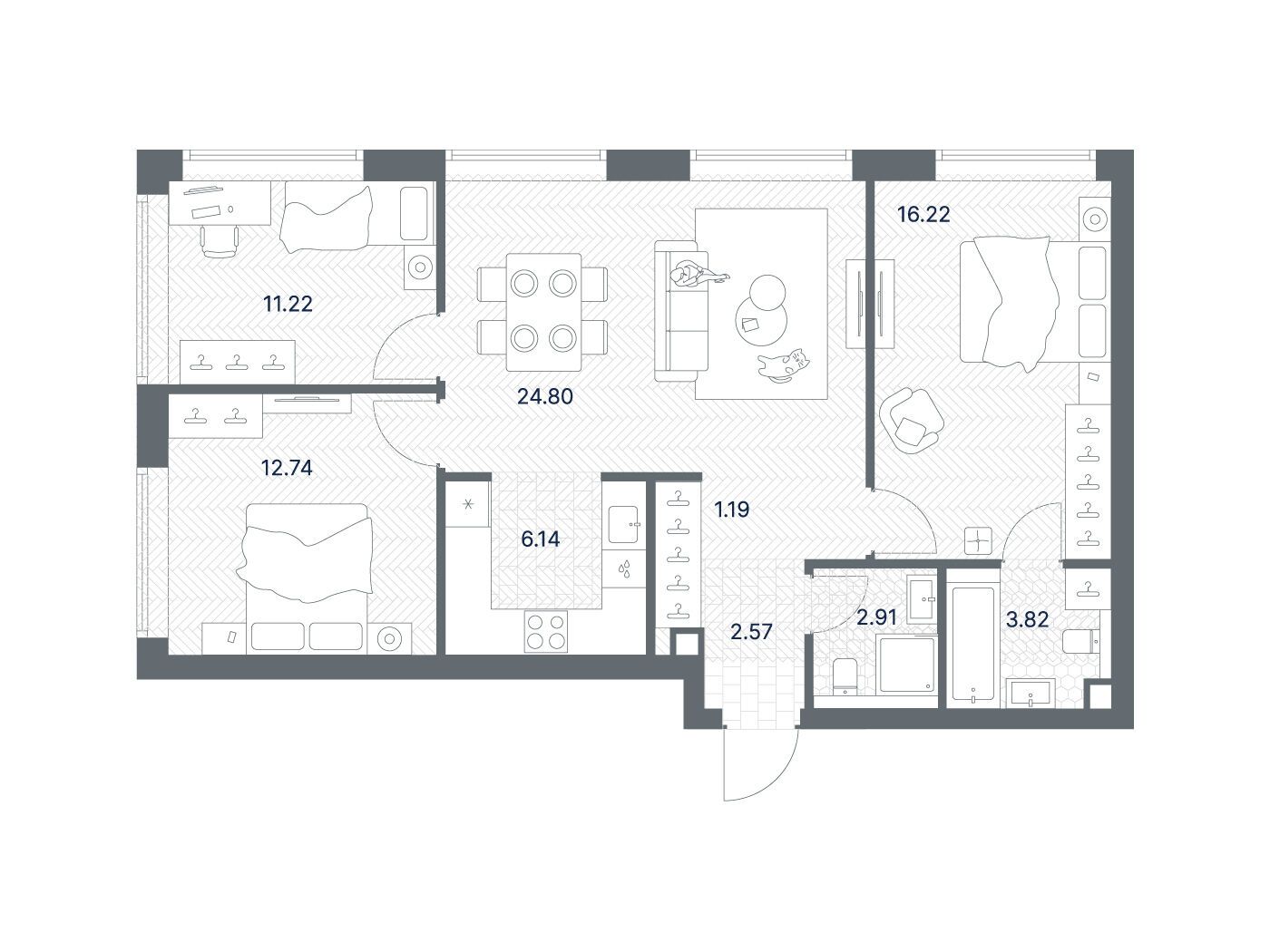 Планировка: 3-комн. квартира 81.61 м² в новостройке Тейт