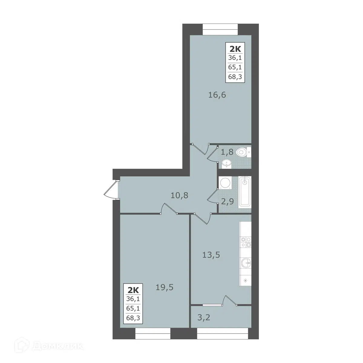 Планировка: 2-комн. квартира 68.30 м² в новостройке Есенин