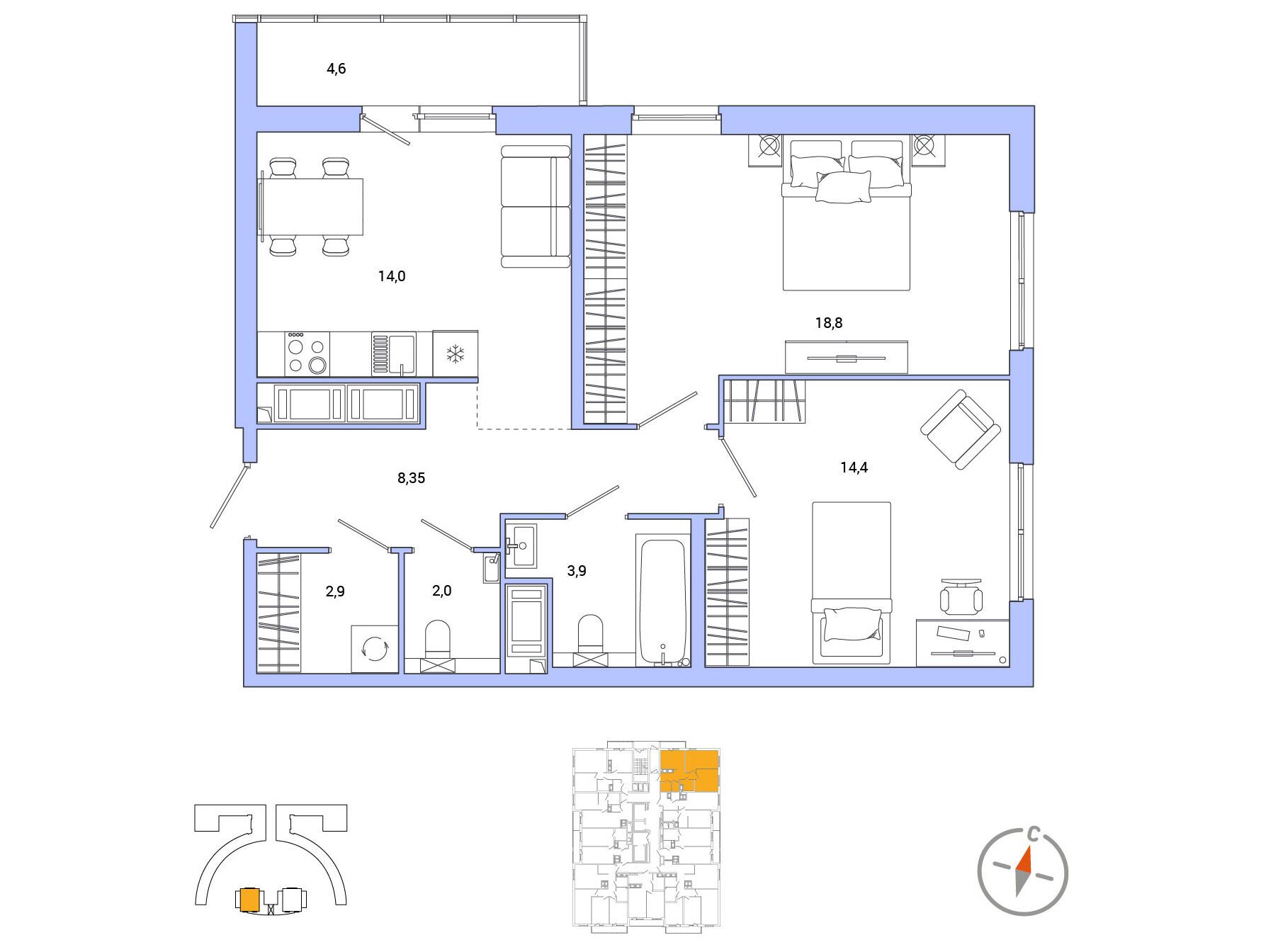 Планировка: 2-комн. квартира 66.65 м² в новостройке Окла Вижн
