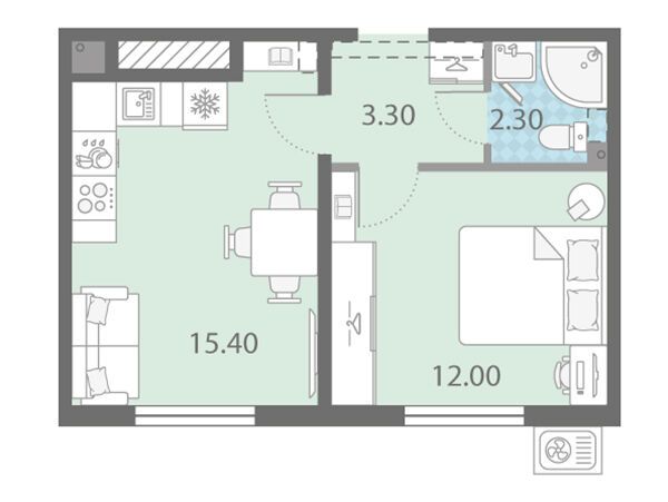 Планировка: 1-комн. квартира 33.00 м² в новостройке Ржевский парк