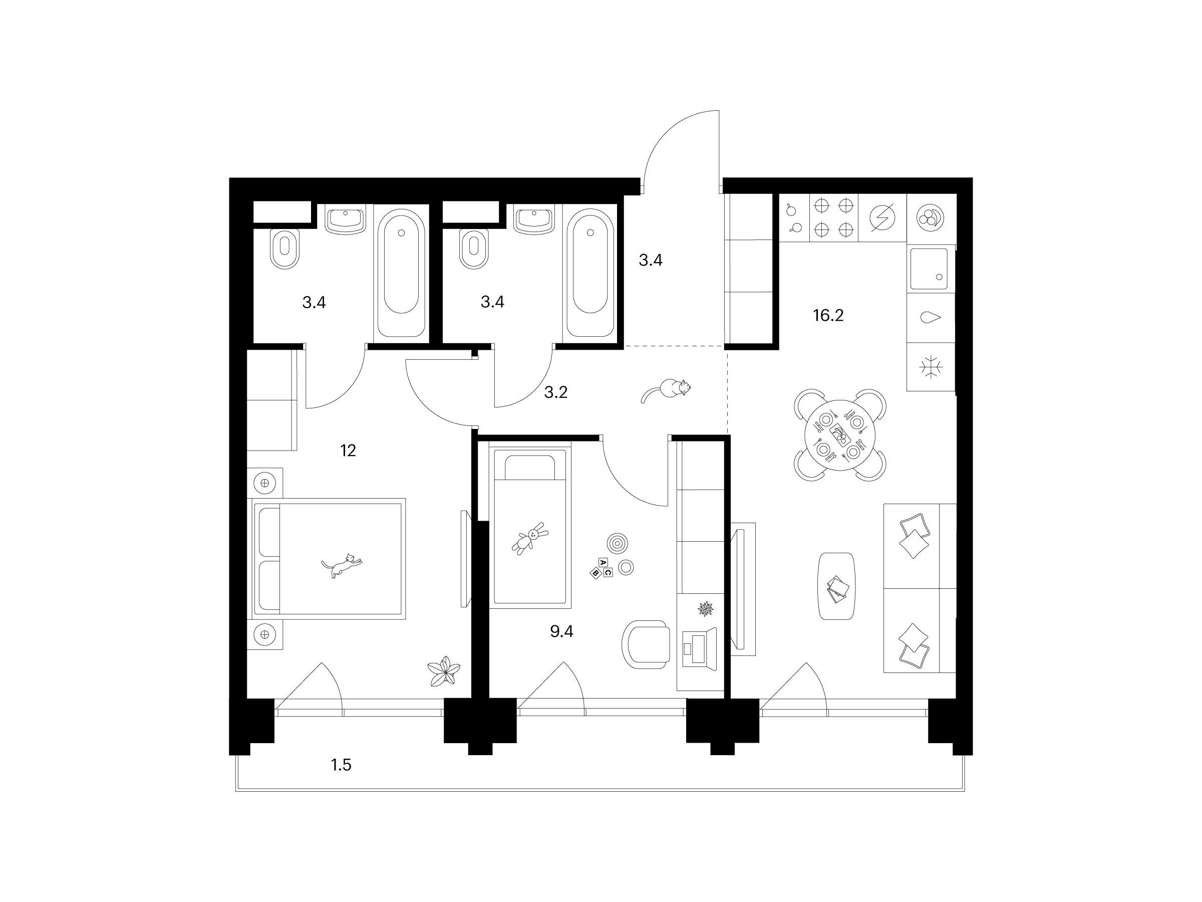 Планировка: 2-комн. квартира 52.50 м² в новостройке Строгино 360