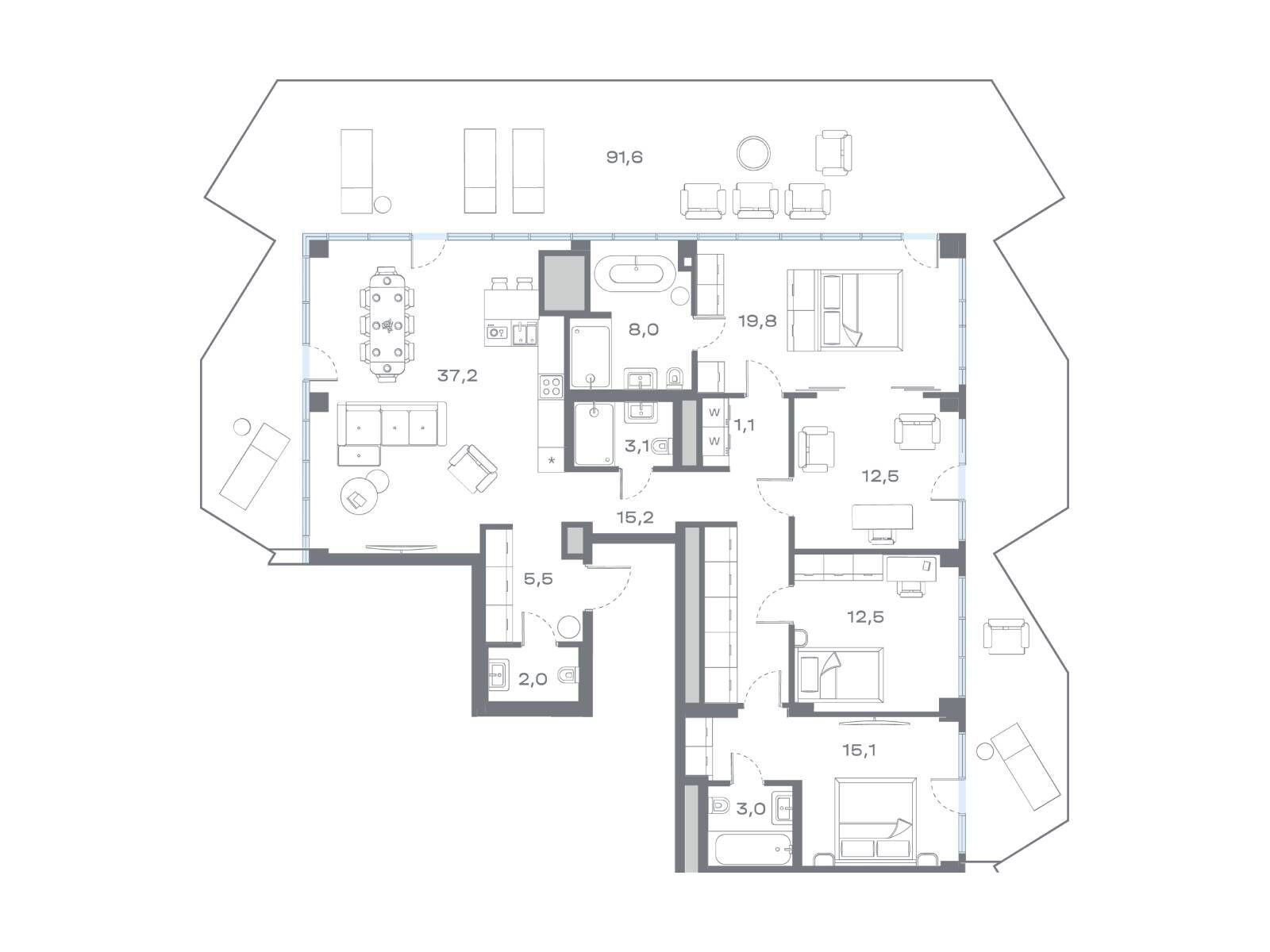 Планировка: 4-комн. квартира 162.64 м² в новостройке Дом Горизонтов