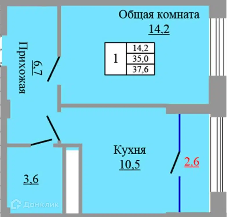 Планировка: 1-комн. квартира 37.60 м² в новостройке Аквамарин