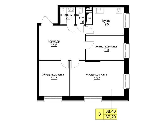 Планировка: 3-комн. квартира 67.20 м² в новостройке Корица