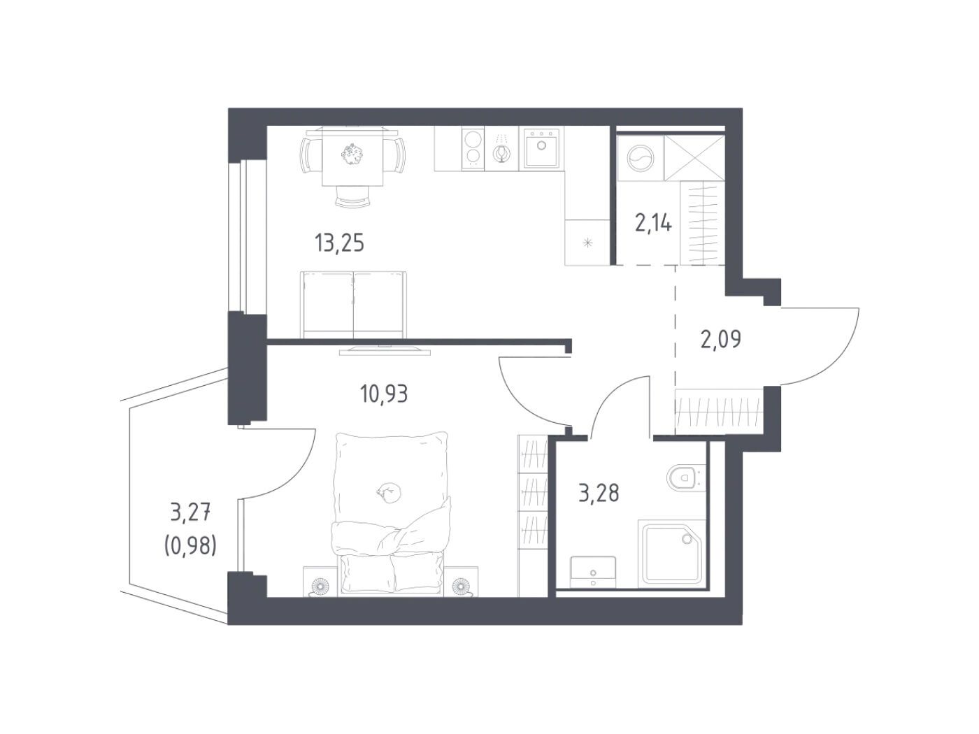 Планировка: 1-комн. квартира 32.67 м² в новостройке Литературный Квартал