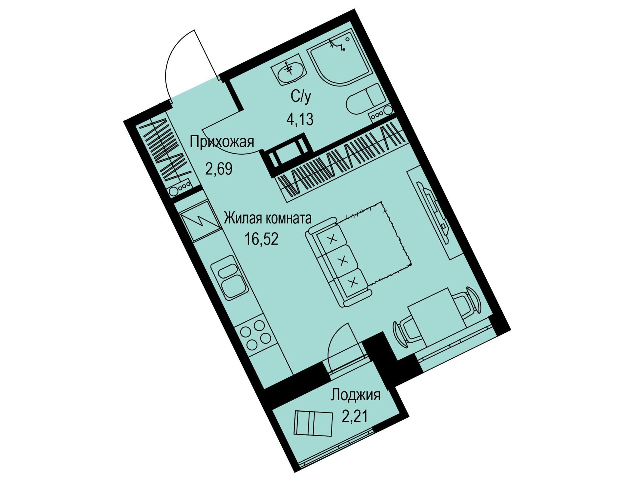 Планировка: Студия 24.44 м² в новостройке Айди Кудрово 2