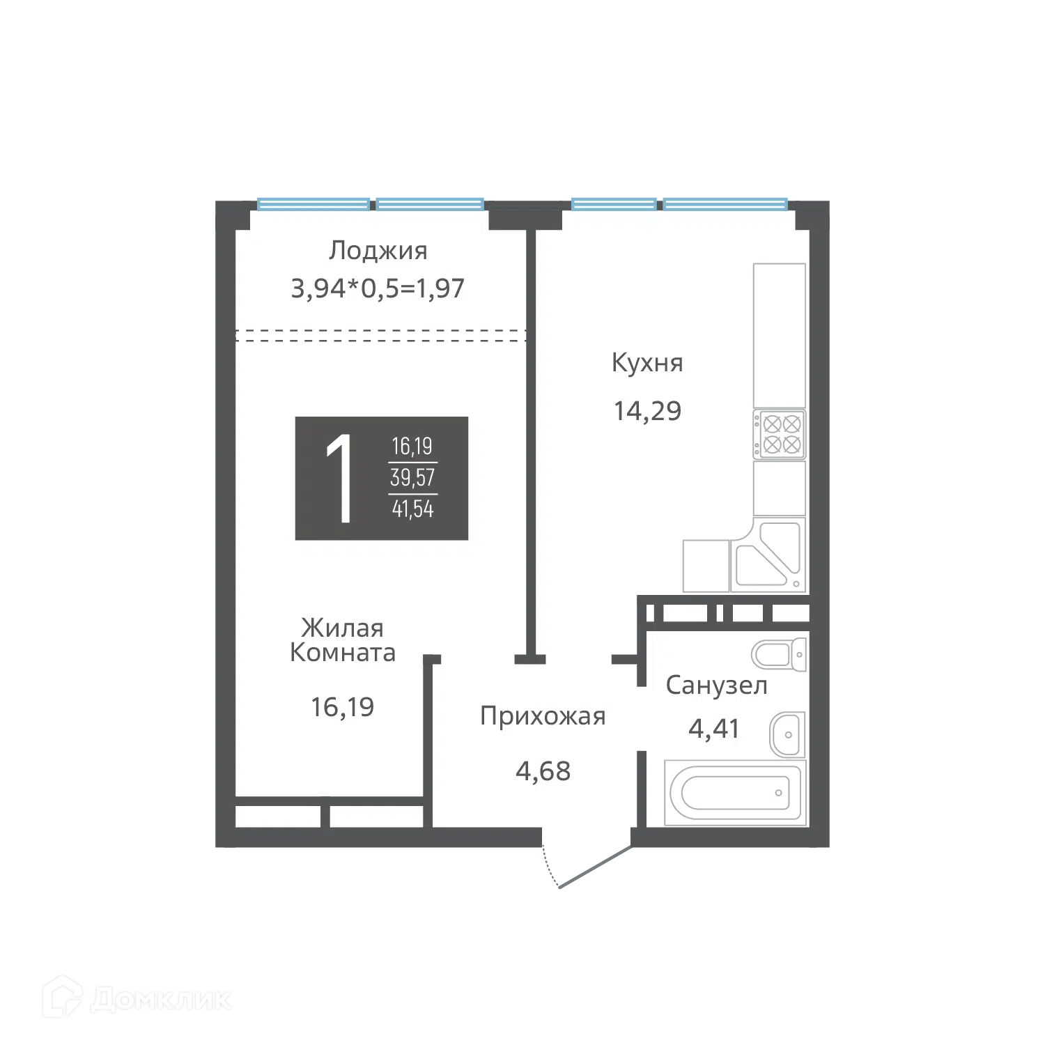 Планировка: 1-комн. квартира 42.70 м² в новостройке Гарантия на Обрывной