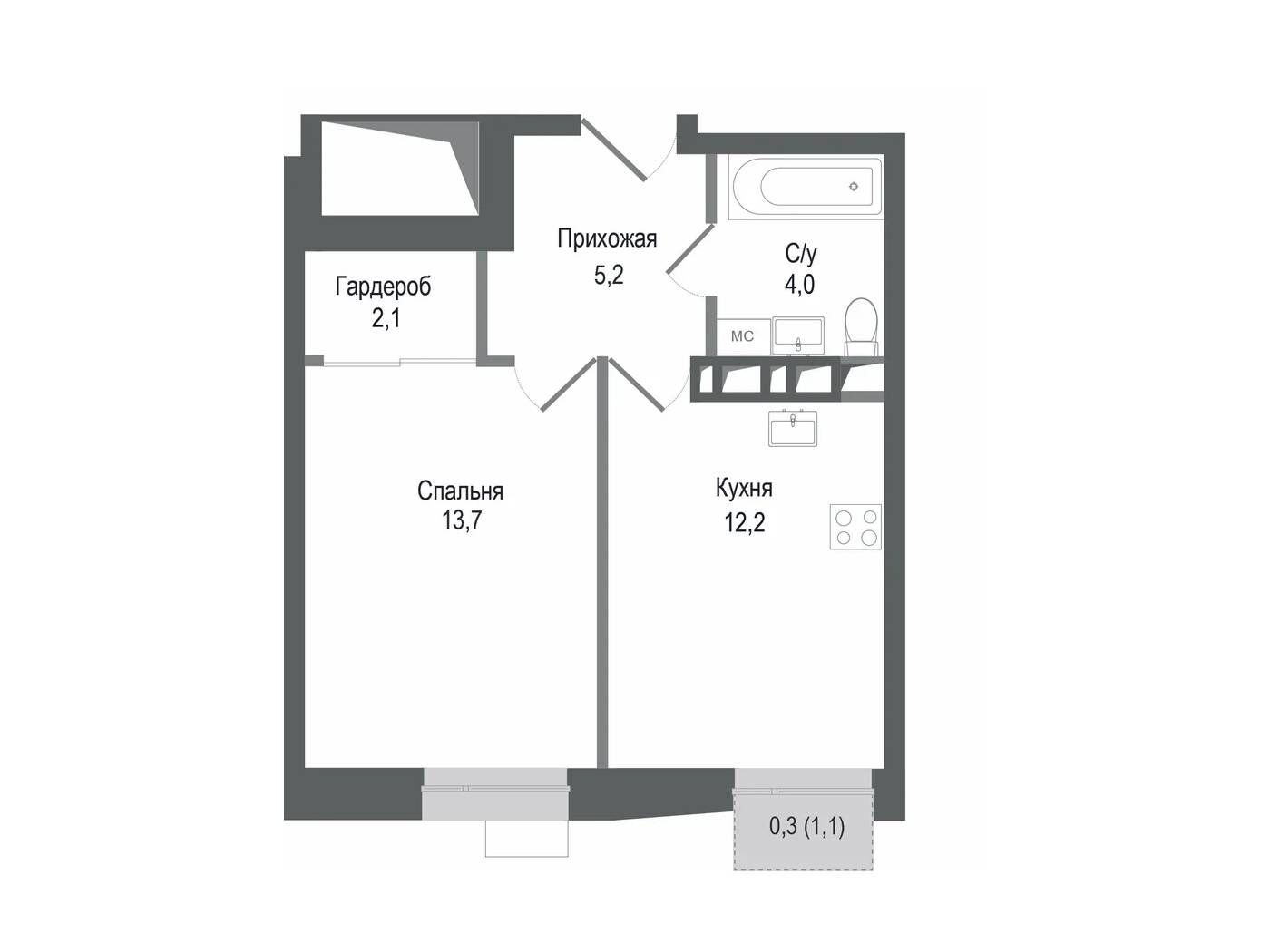 Планировка: 1-комн. квартира 37.20 м² в новостройке Киноквартал