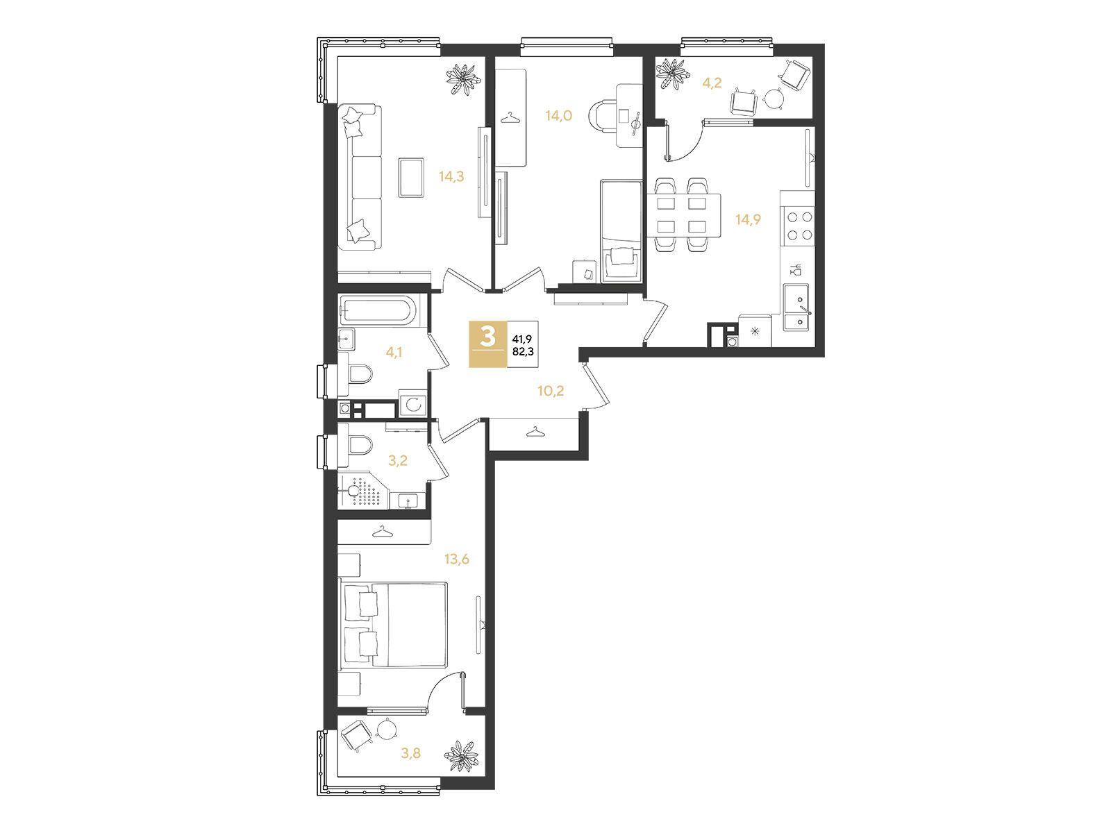 Планировка: 3-комн. квартира 82.30 м² в новостройке Ридз