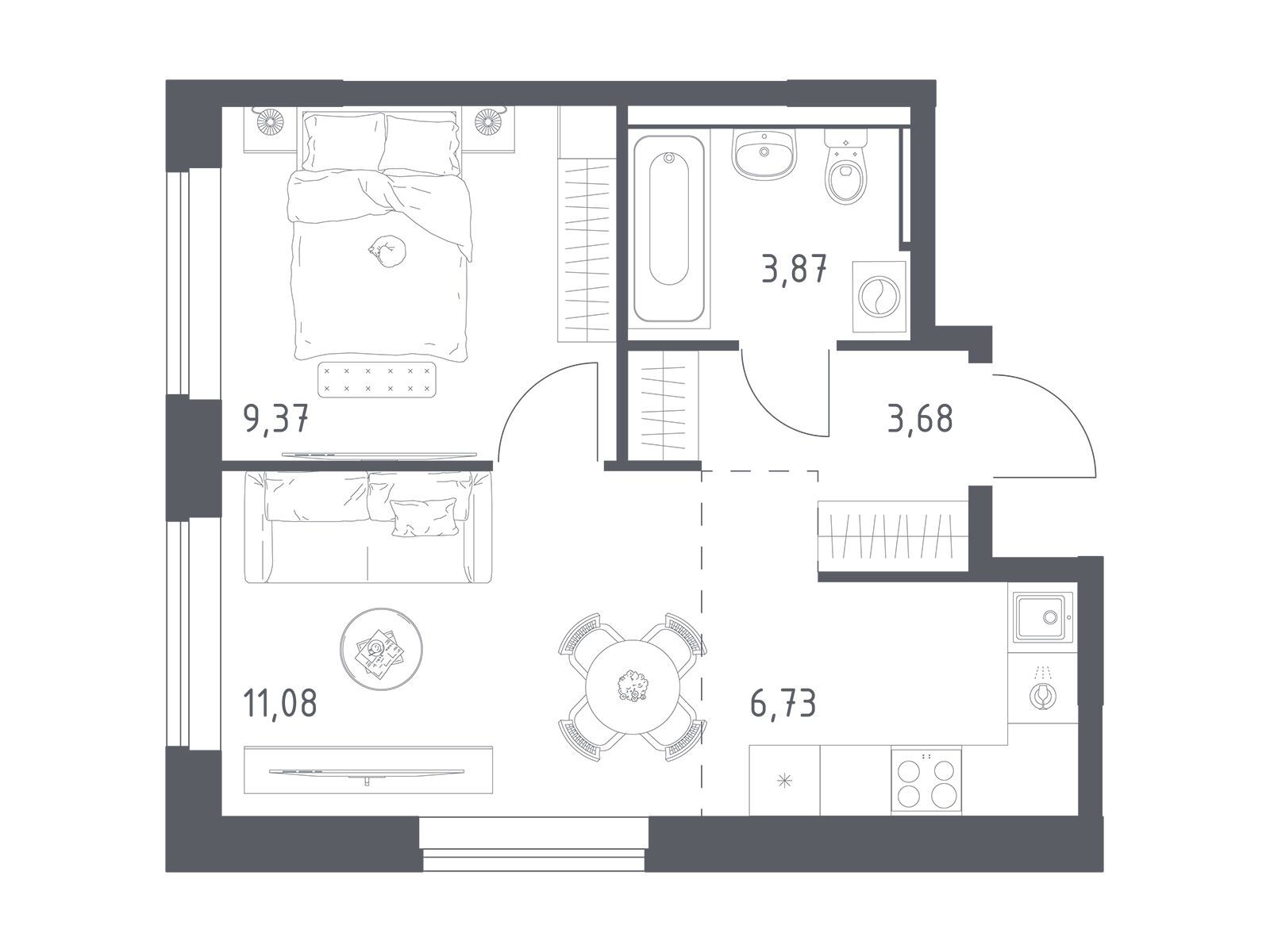Планировка: 1-комн. квартира 34.30 м² в новостройке Пригород Лесное