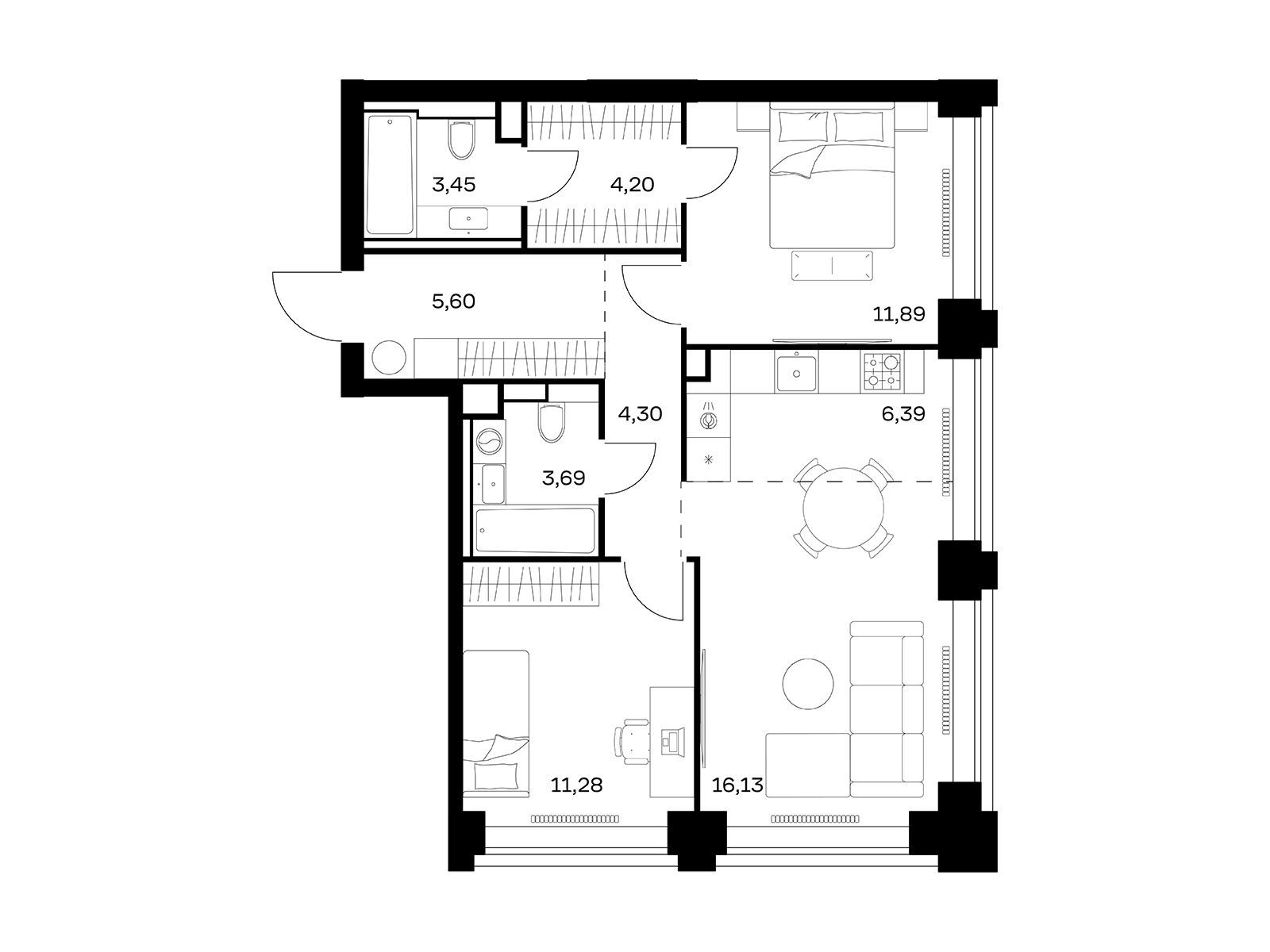 Планировка: 2-комн. квартира 66.93 м² в новостройке Нова