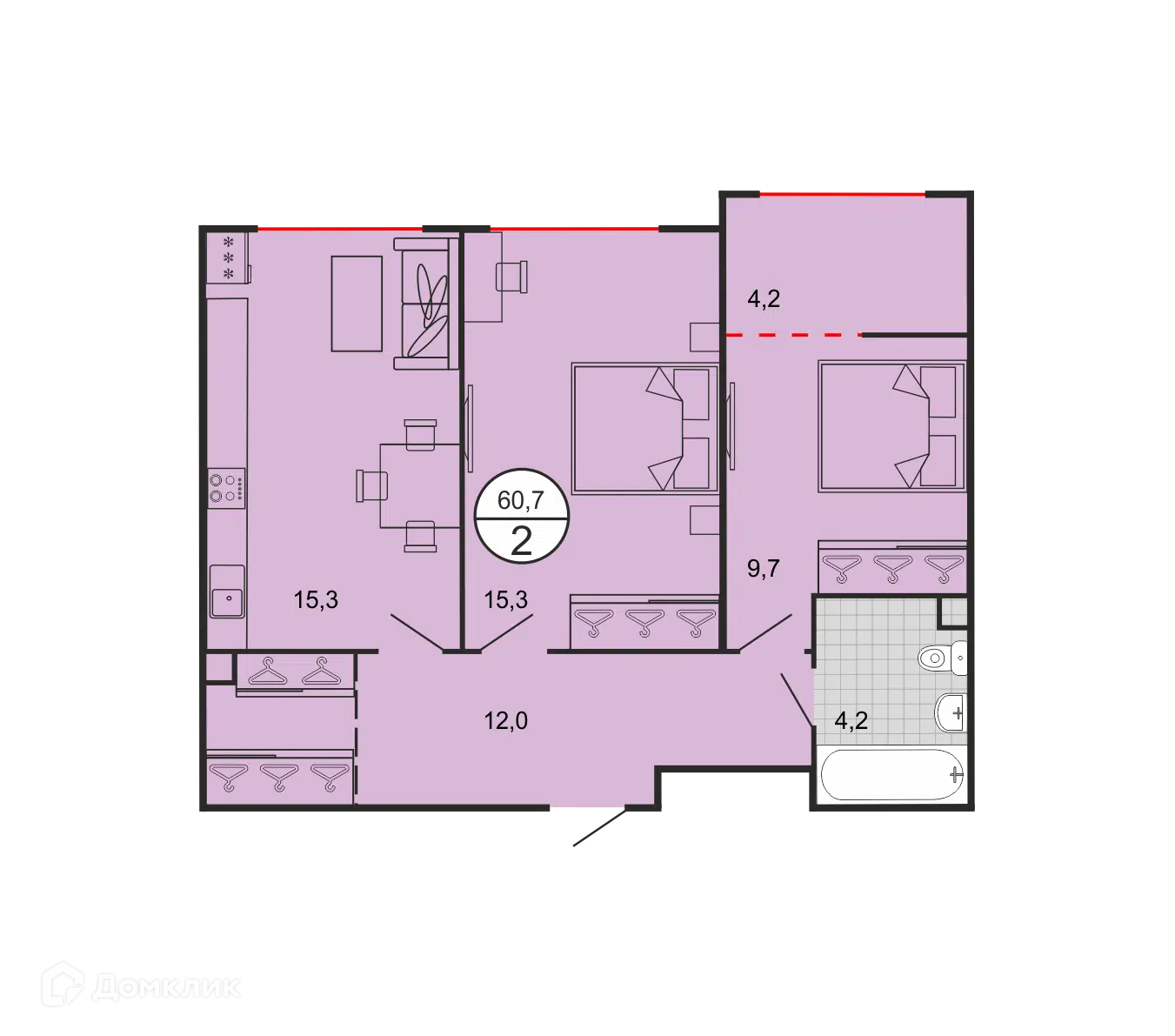 Планировка: 2-комн. квартира 60.20 м² в новостройке По ул. Филатова