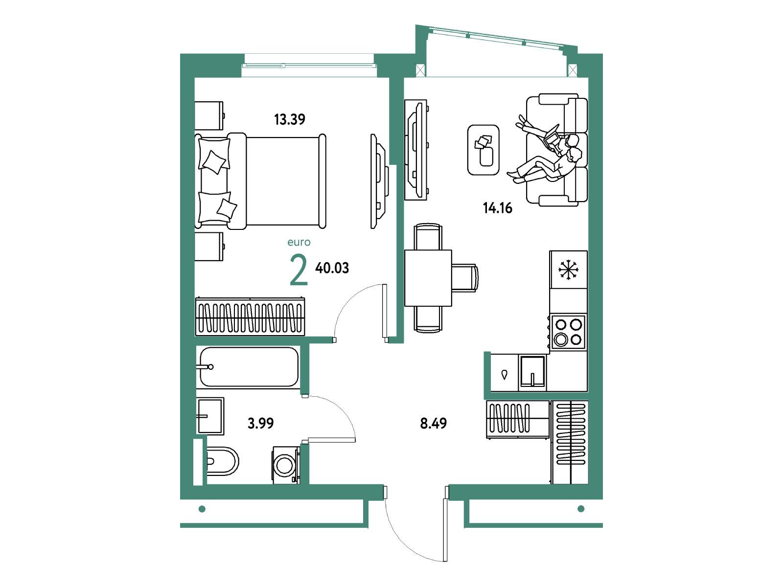 Планировка: 2-комн. квартира 40.03 м² в новостройке Страна Парковая