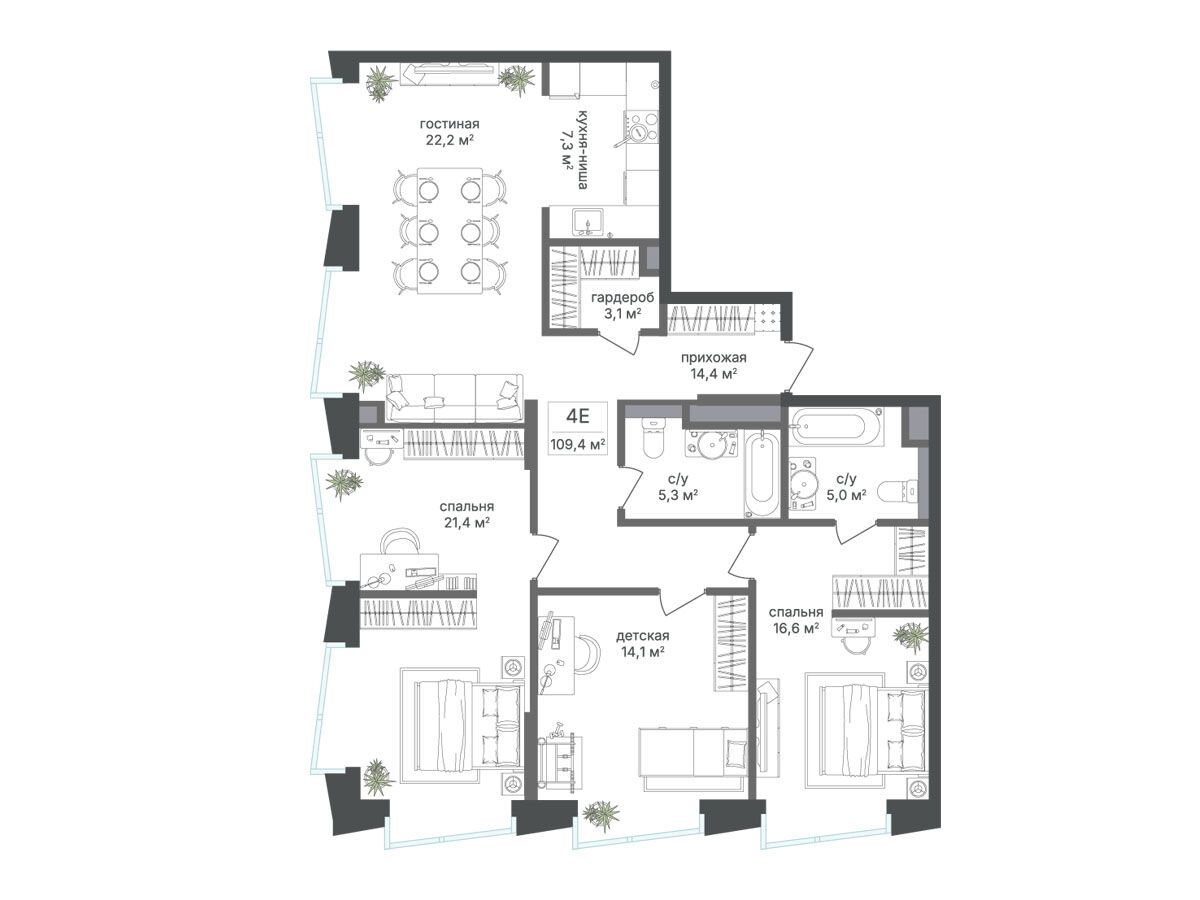 Планировка: 3-комн. квартира 109.40 м² в новостройке Петровский парк II