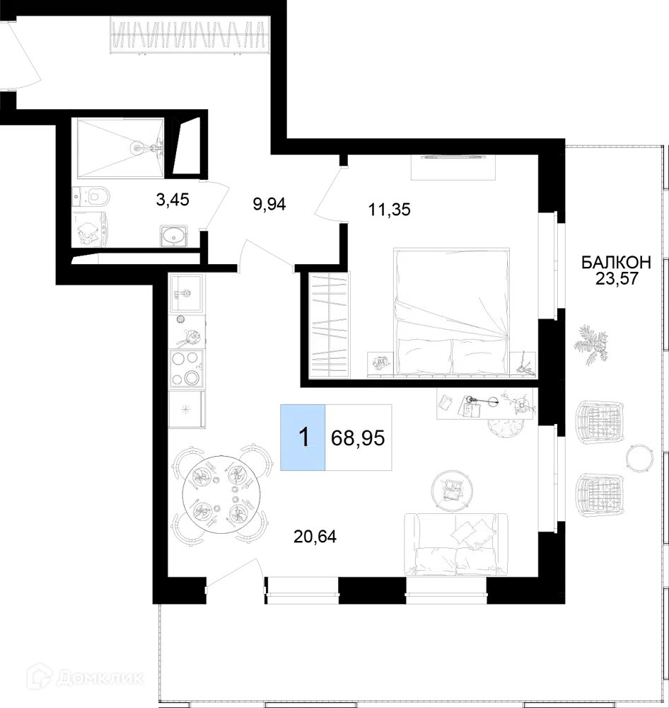 Планировка: 1-комн. квартира 68.95 м² в новостройке Корсаков