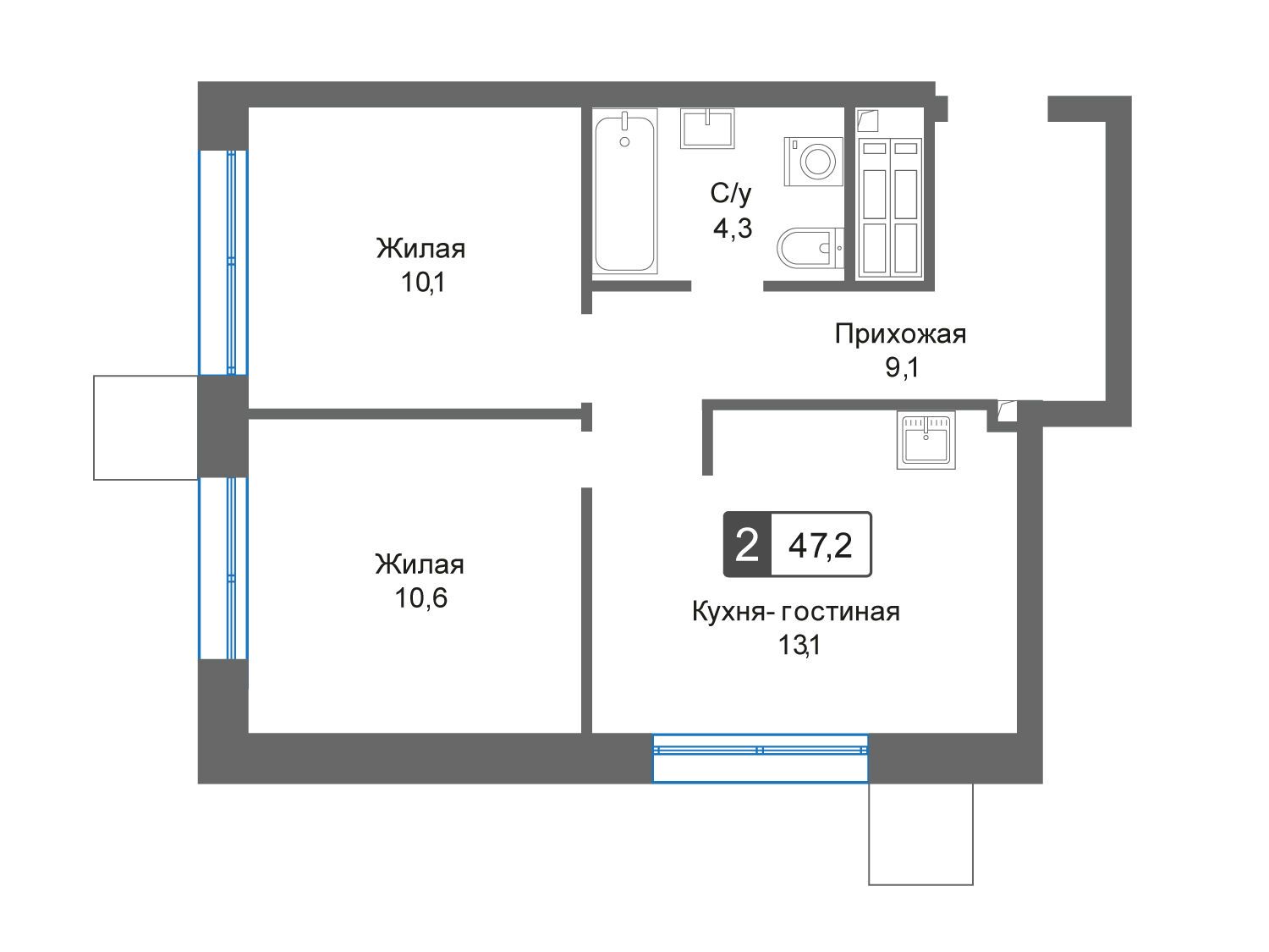 Планировка: 2-комн. квартира 47.20 м² в новостройке Отрада