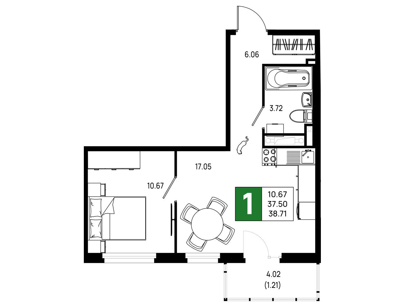 Планировка: 1-комн. квартира 38.71 м² в новостройке Имена
