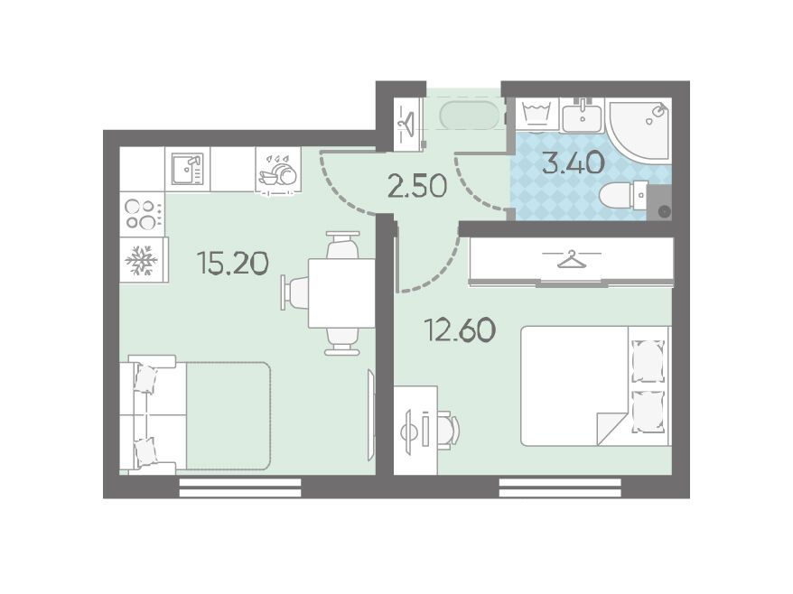 Планировка: 1-комн. квартира 32.80 м² в новостройке Ржевский парк