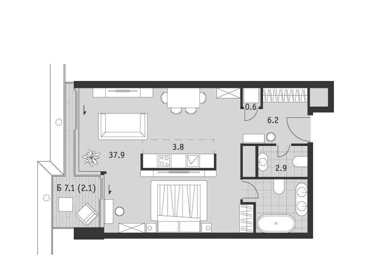 Планировка: 1-комн. квартира 59.20 м² в новостройке ЖК Бадаевский