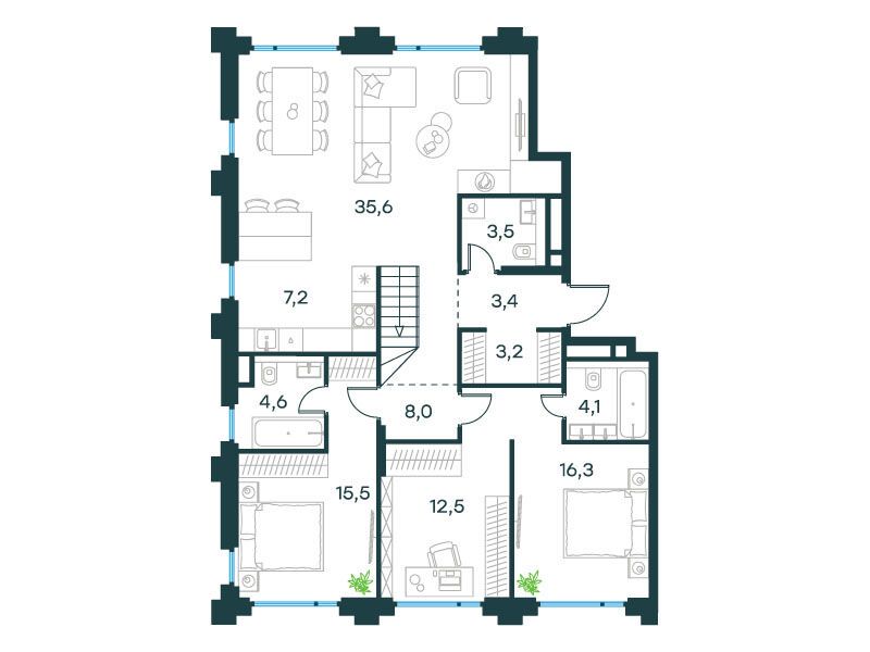 Планировка: 5-комн. квартира 113.90 м² в новостройке ЖК Левел Бауманская