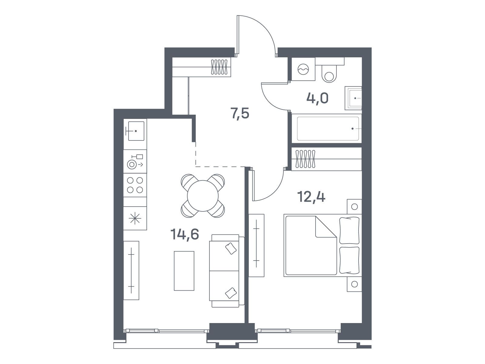 Планировка: 1-комн. квартира 38.50 м² в новостройке ЖК Портленд. Дом на берегу