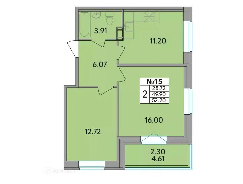 Планировка: 2-комн. квартира 51.90 м² в новостройке Рождественский квартал