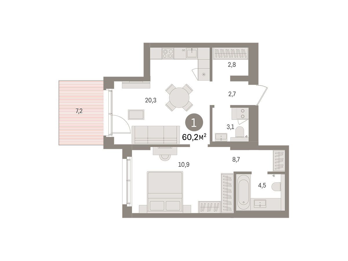 Планировка: 1-комн. квартира 60.20 м² в новостройке Брусника в Новоселье