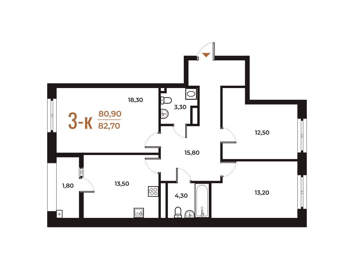 Планировка: 3-комн. квартира 82.70 м² в новостройке Новое Летово