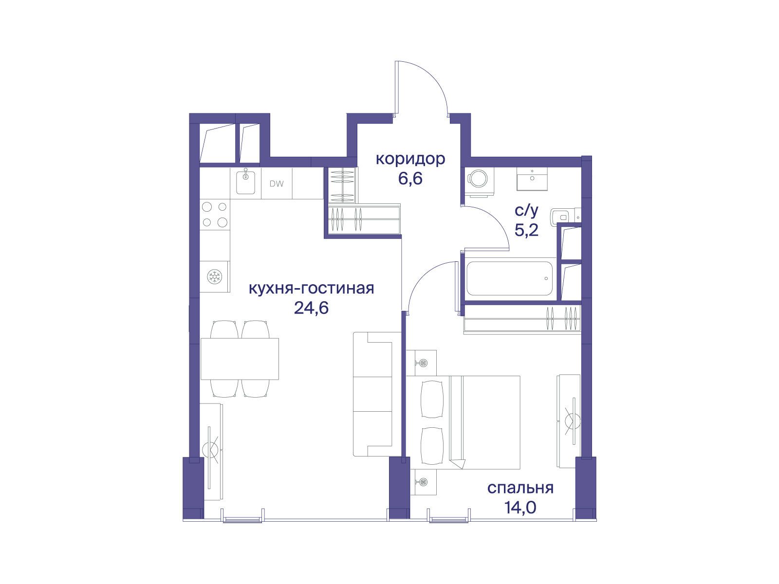 Планировка: 1-комн. квартира 50.40 м² в новостройке Начало