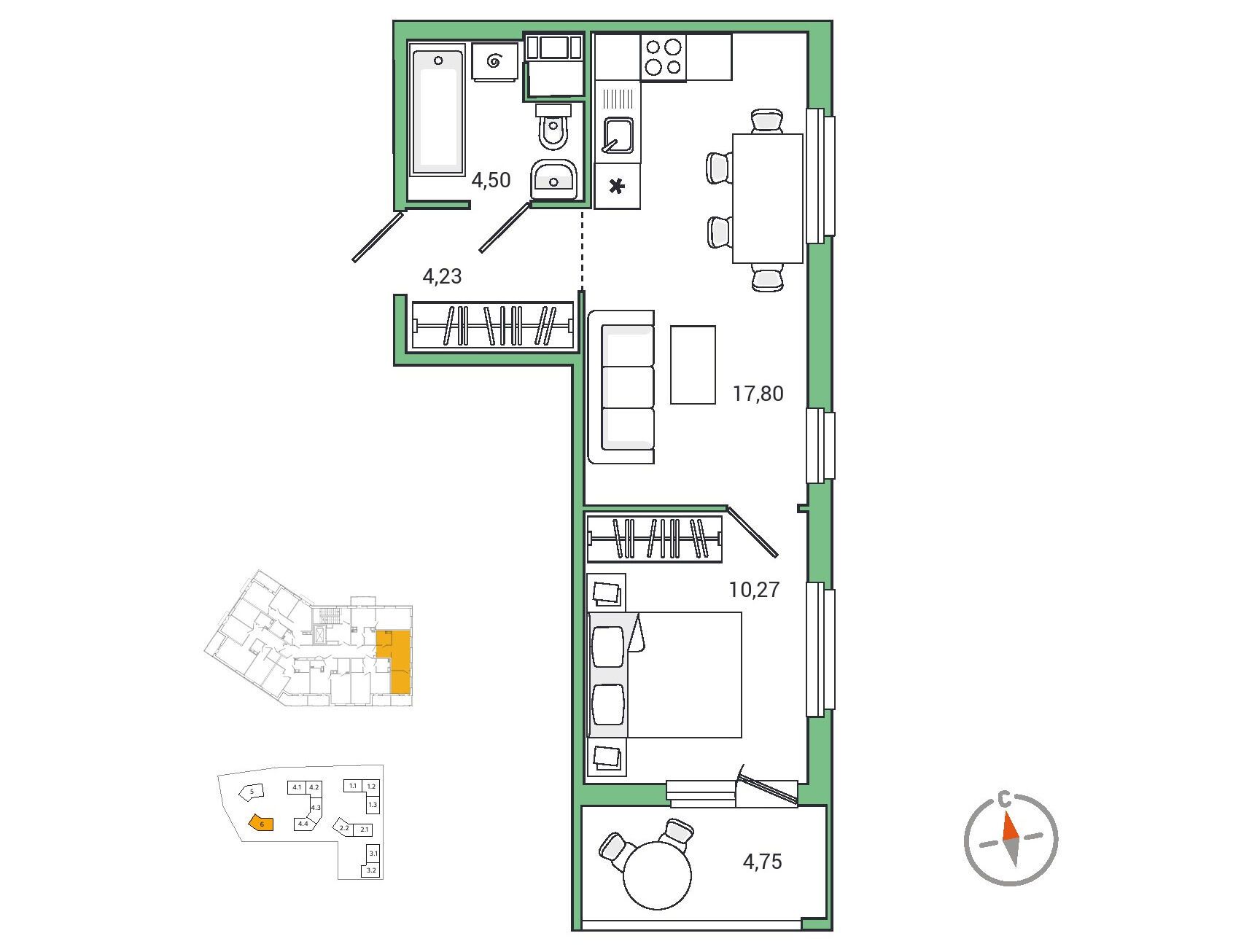 Планировка: 1-комн. квартира 39.10 м² в новостройке ЖК Янила Драйв
