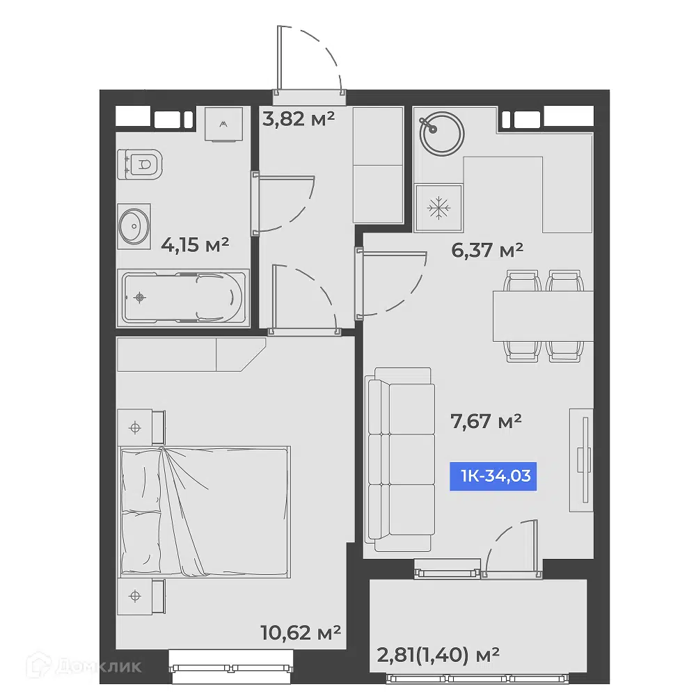 Планировка: 1-комн. квартира 34.03 м² в новостройке Соловей