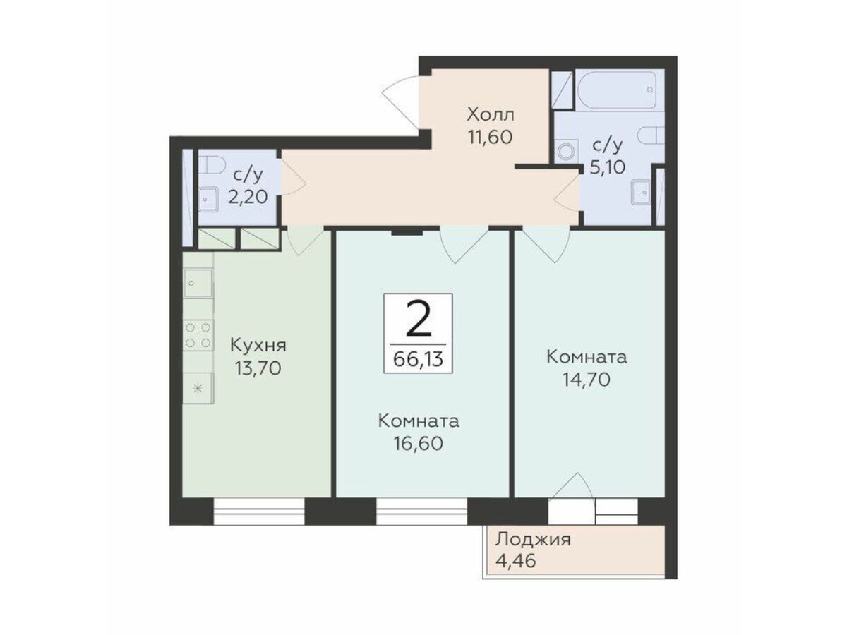 Планировка: 2-комн. квартира 66.13 м² в новостройке Малаховский