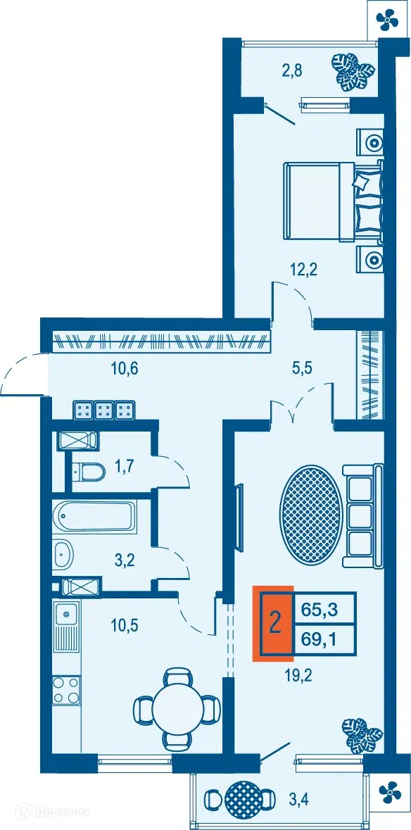 Планировка: 2-комн. квартира 65.30 м² в новостройке Дом у озера
