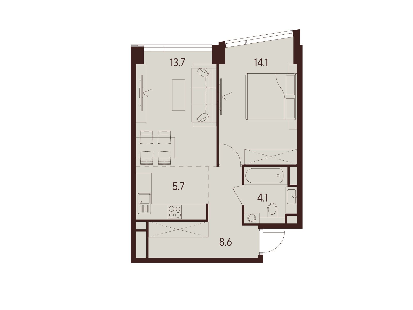 Планировка: 1-комн. квартира 46.20 м² в новостройке Инди Тауэрз