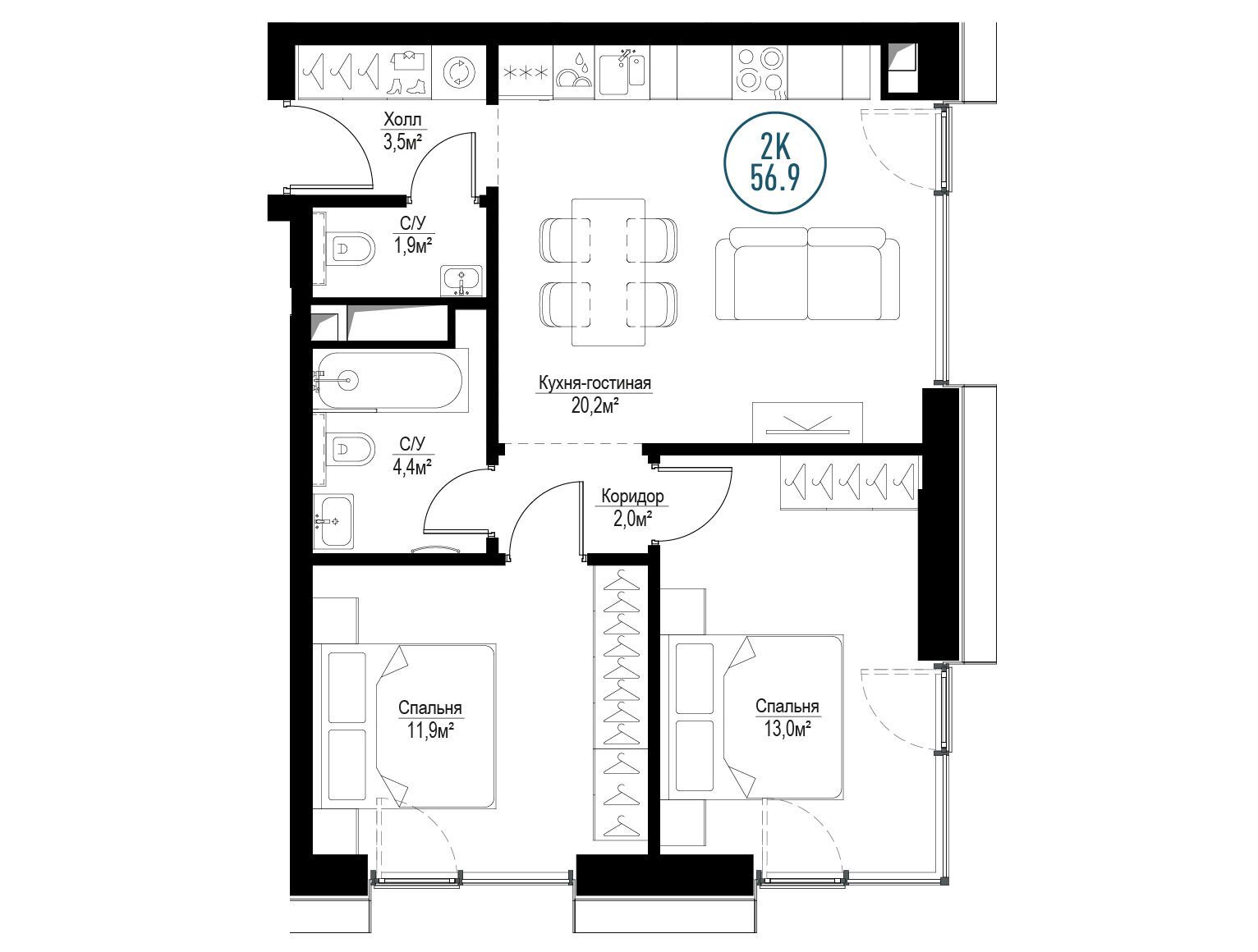 Планировка: 2-комн. квартира 56.10 м² в новостройке Метрополия