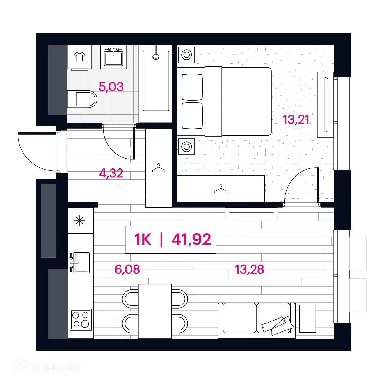 Планировка: 1-комн. квартира 41.92 м² в новостройке Пушкина