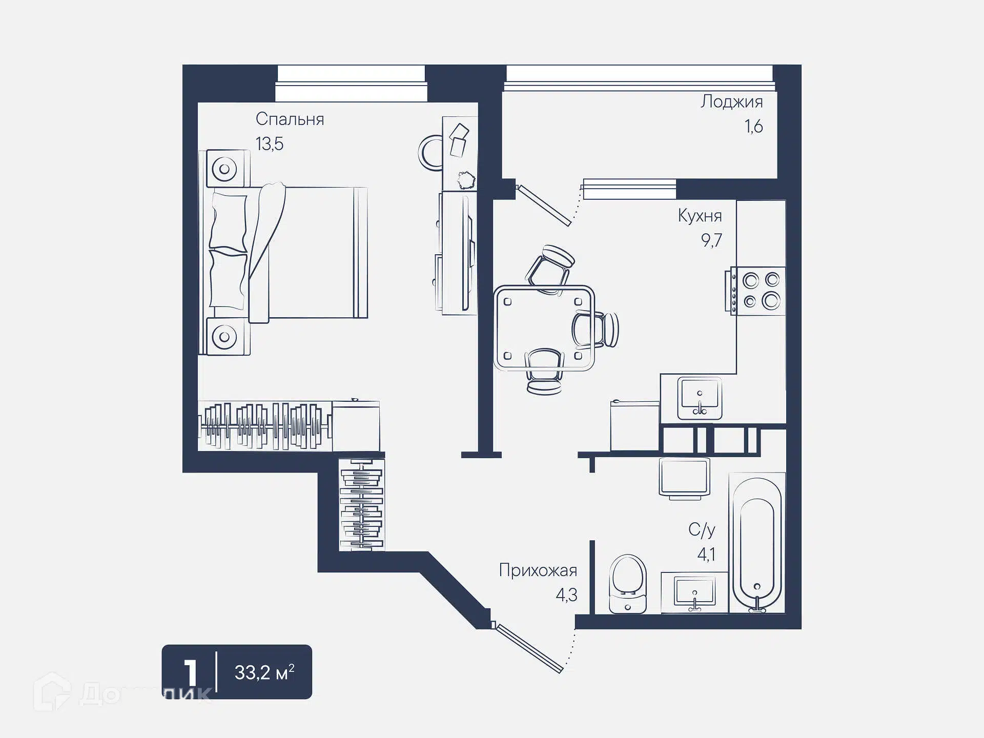 Планировка: 1-комн. квартира 33.20 м² в новостройке Архитектор