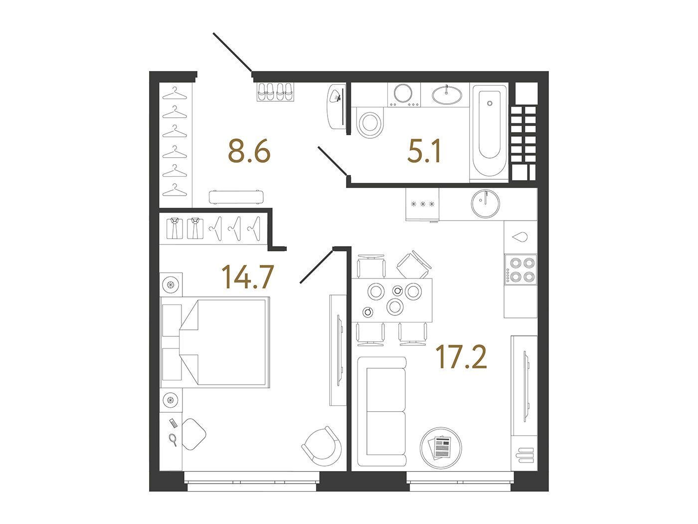 Планировка: 1-комн. квартира 45.60 м² в новостройке Визионер