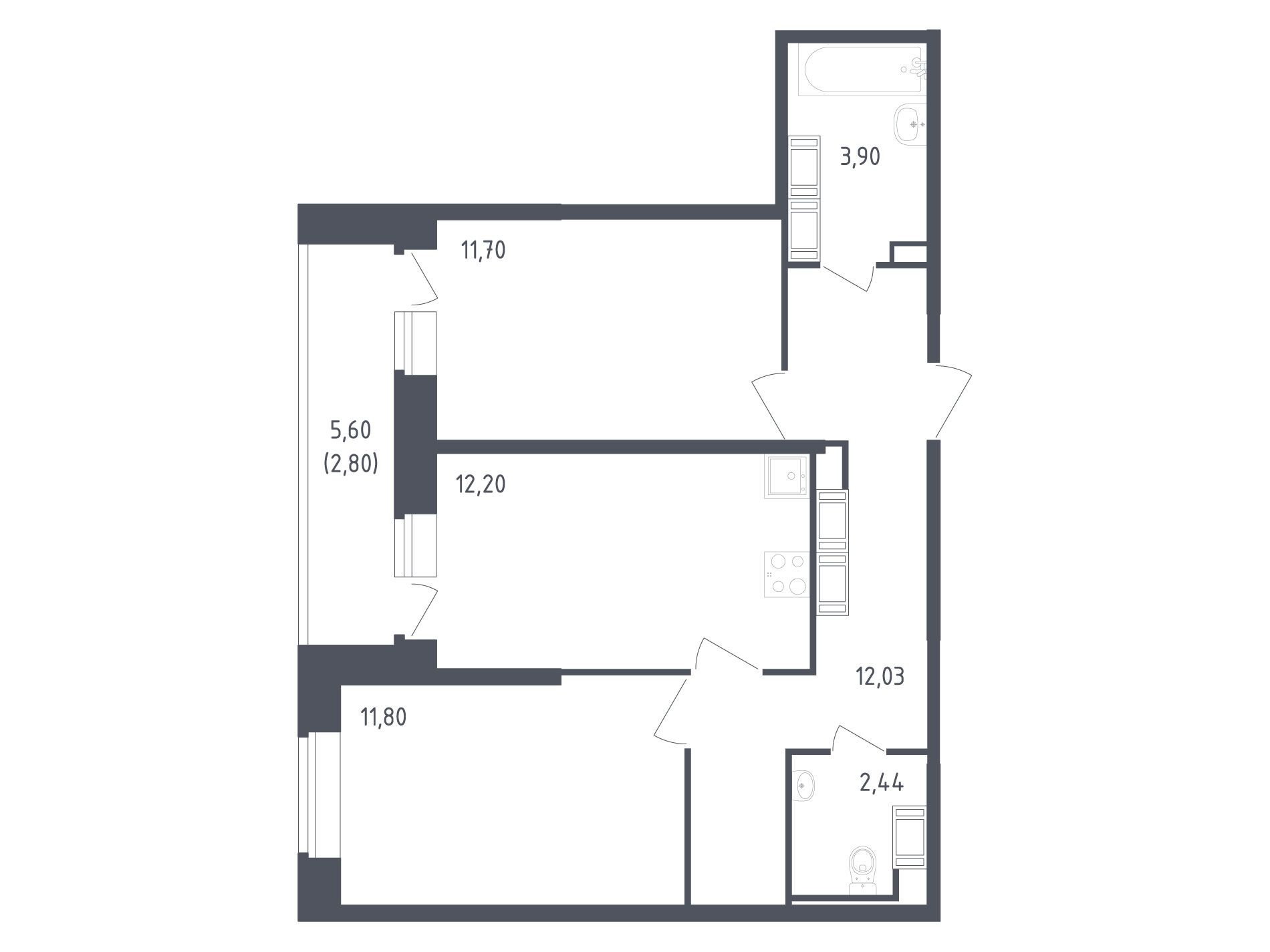 Планировка: 2-комн. квартира 56.87 м² в новостройке Живи! В Рыбацком